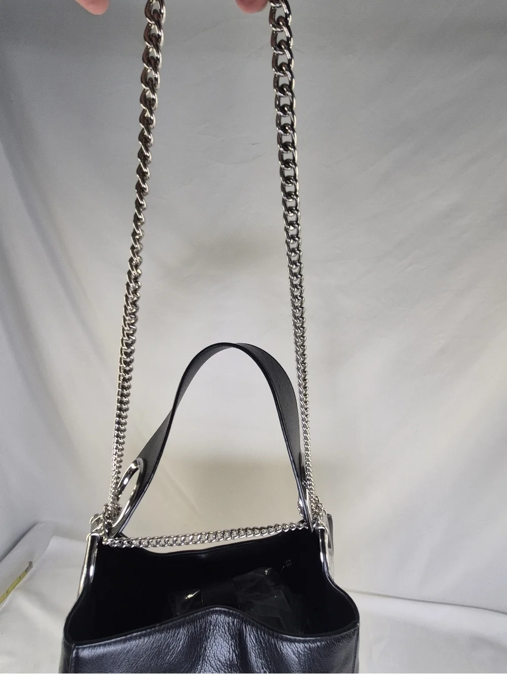 Pinko Black Leather Bucket Hobo Bag Purse Tote Chain Strap